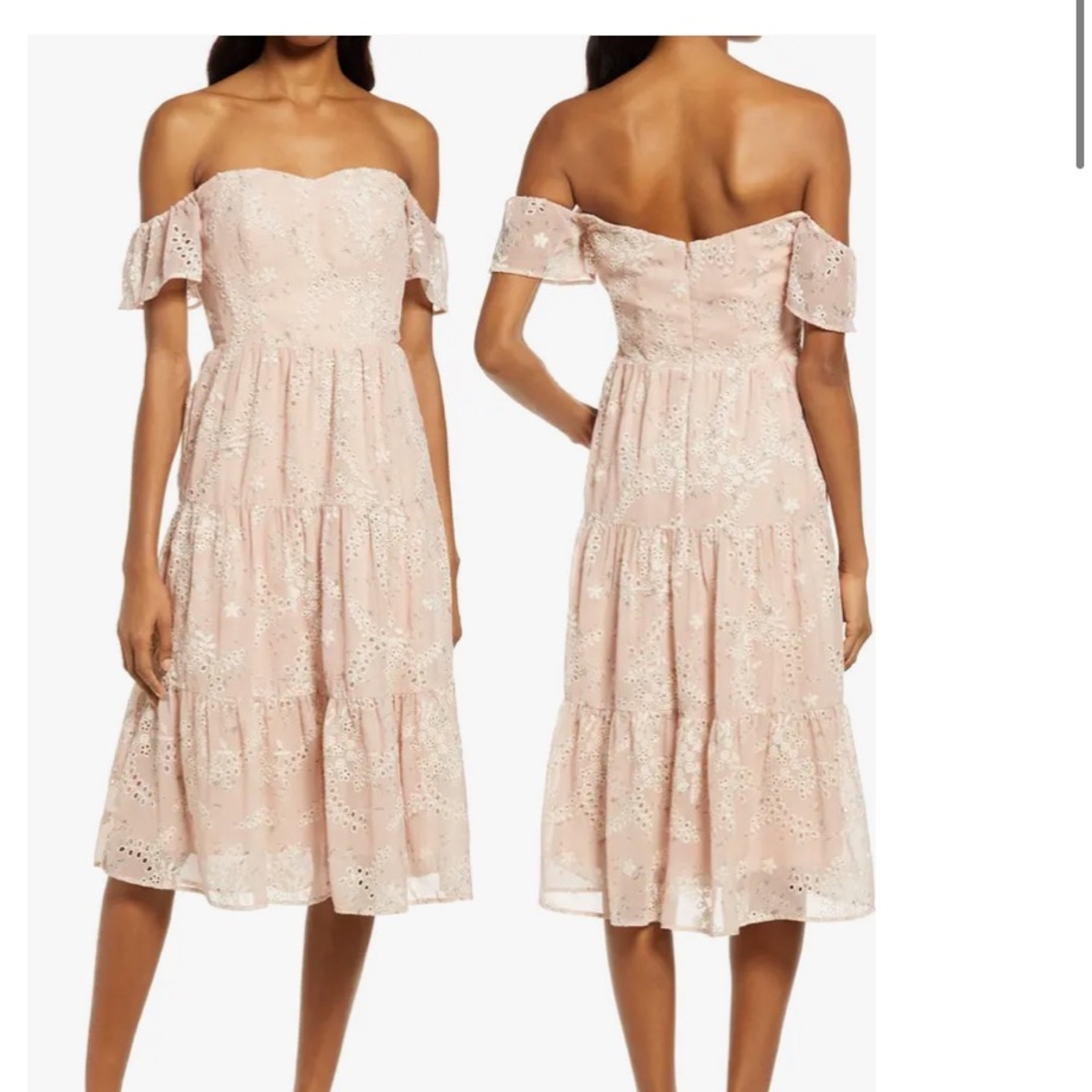 NEW Dress the Population River Pink Eyelet Off the Shoulder Tiered Hem small